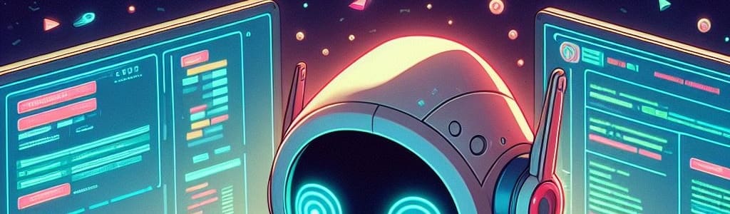 cartoon robot working between two glowing code screens