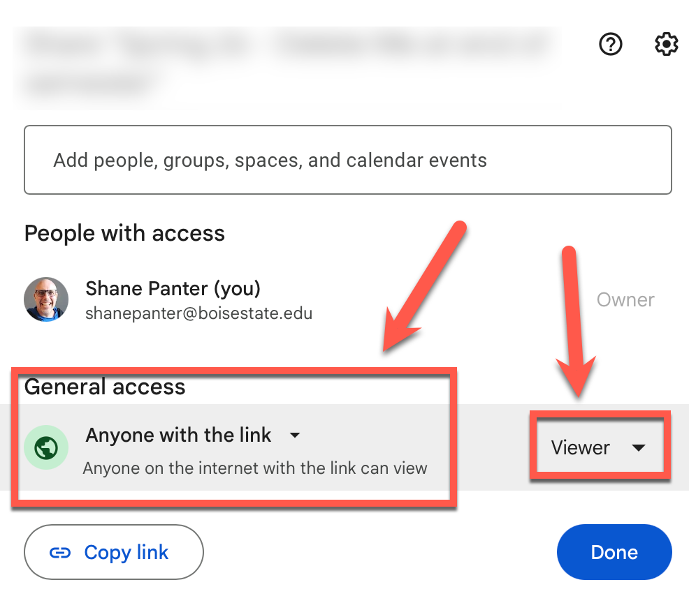 Google Docs share dialog with General access set to Anyone with the link and the role set to Viewer