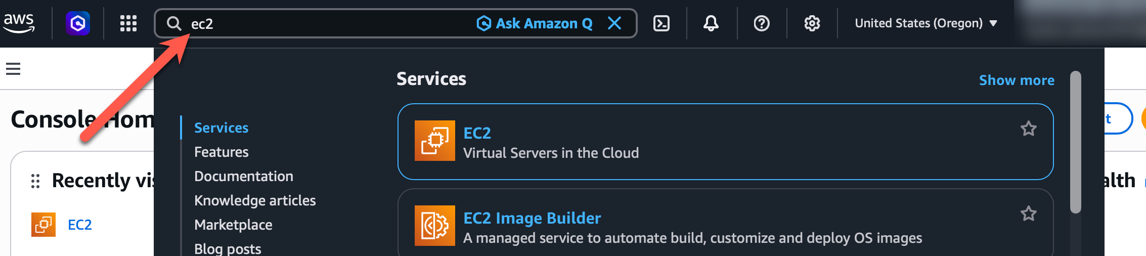 aws console search bar with ec2 typed in