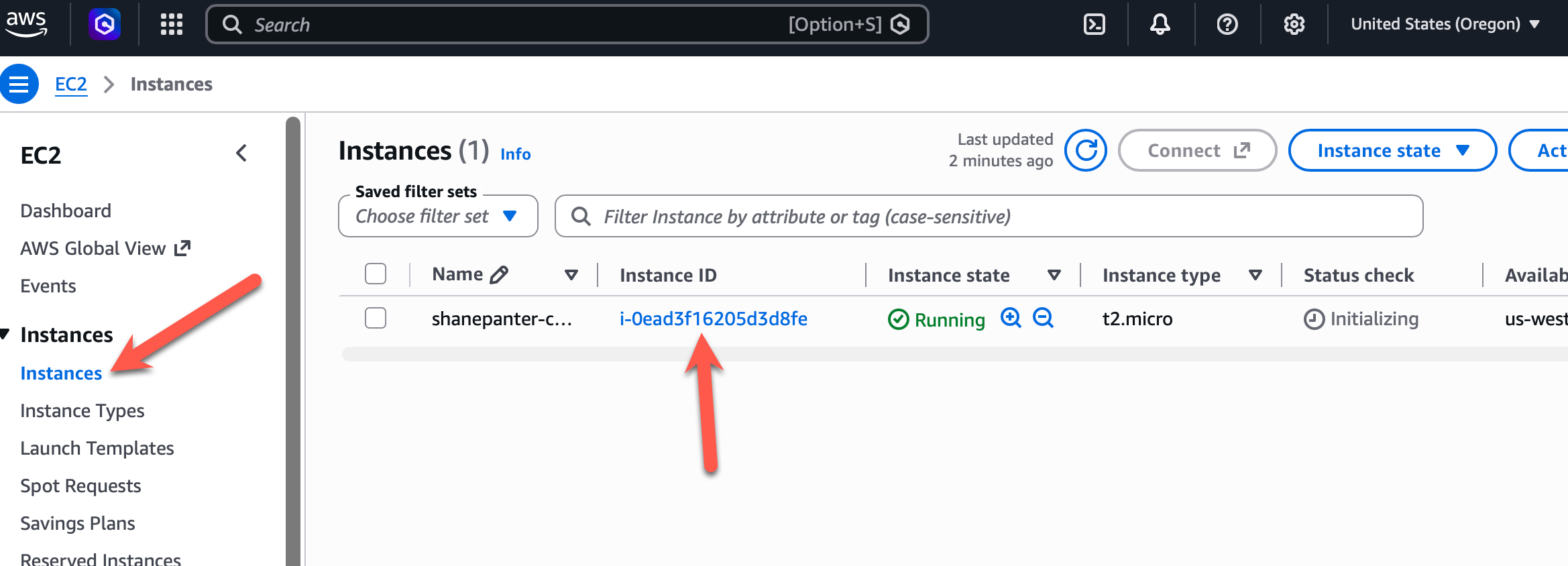 ec2 instances list showing a running instance