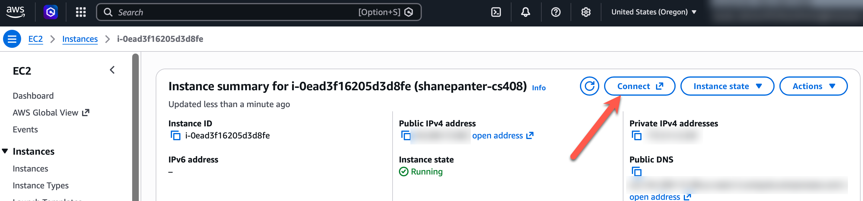 connect button on the instance summary page