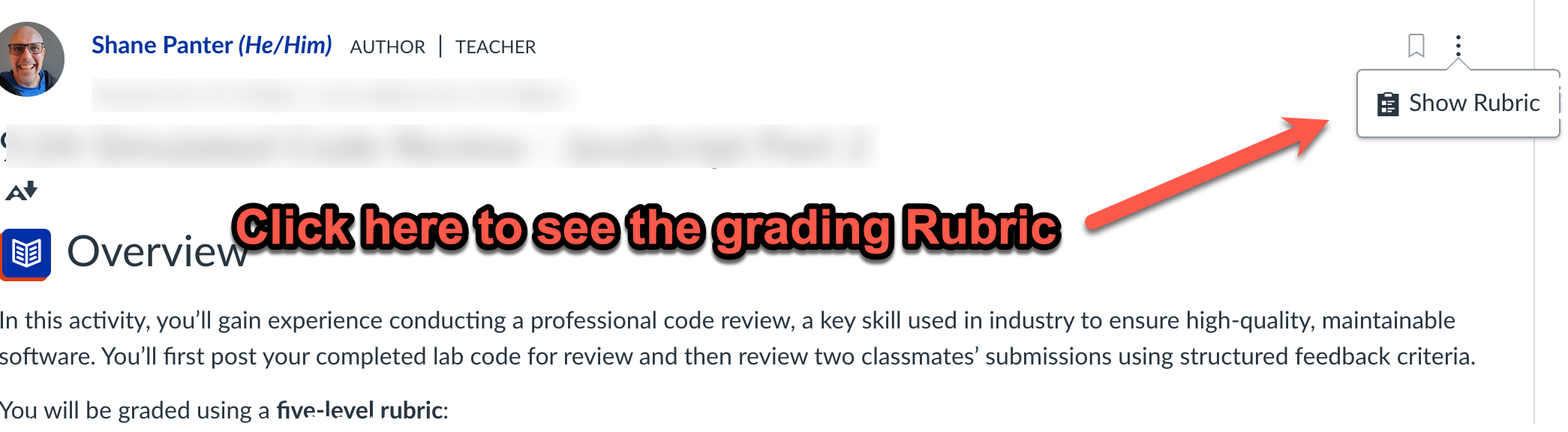 Show Rubric option in the menu of a Canvas discussion