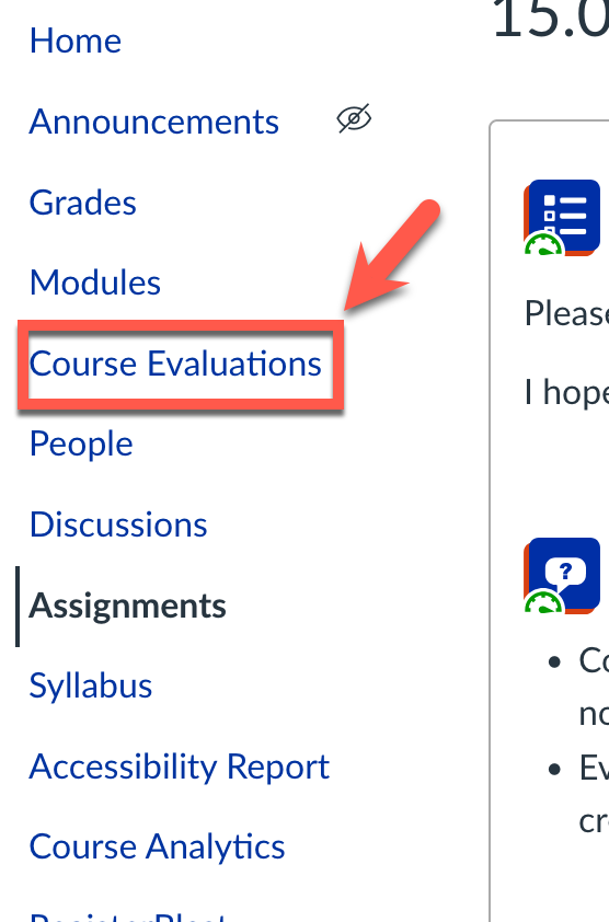 Course Evaluations link in the Canvas course navigation menu