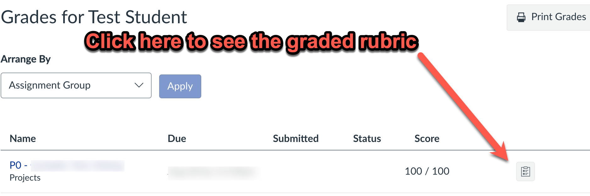 Rubric icon next to a score on the Canvas Grades page